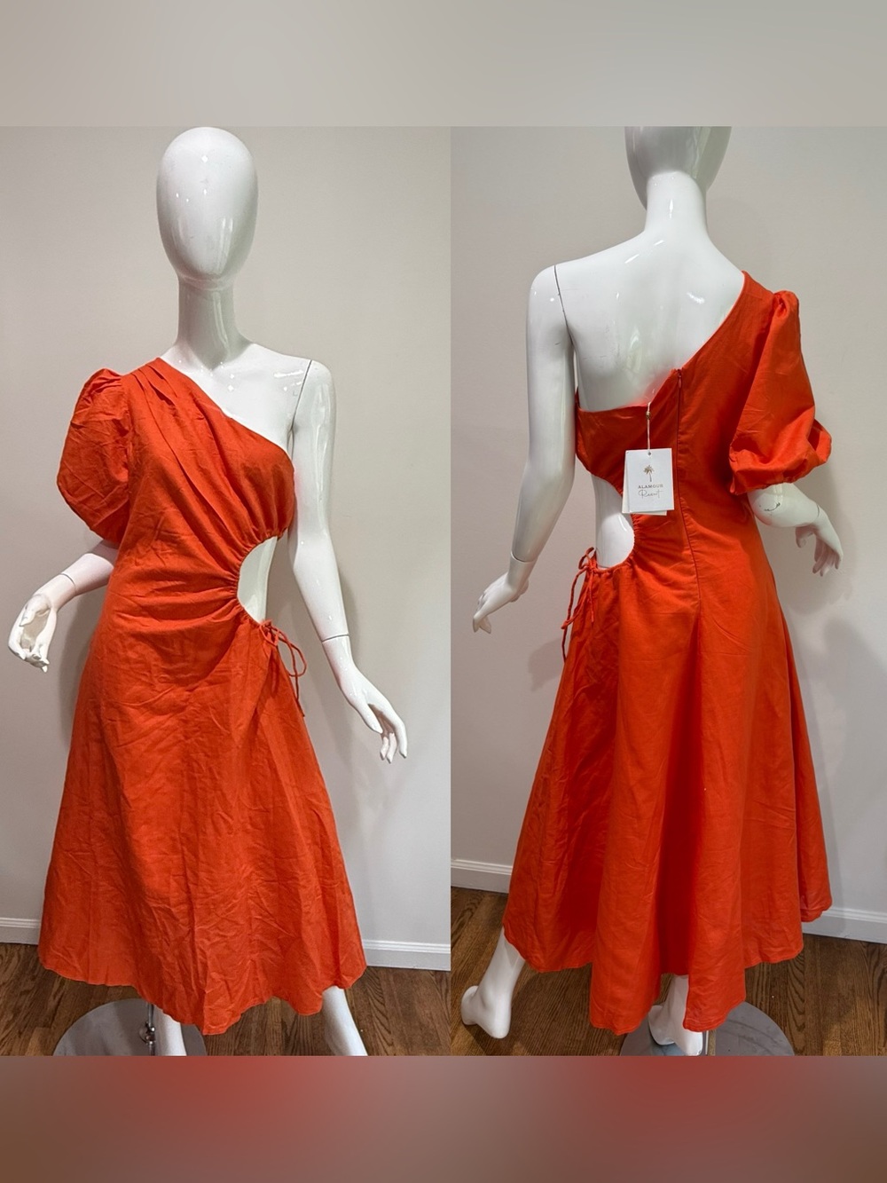 NWT Alamour The Label Morena Orange Cut Out Midi Dress Resortwear Wedding Guest - Picture 5 of 10